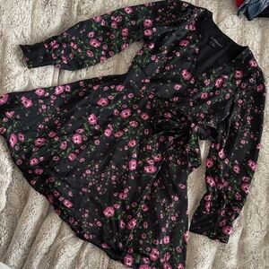Banana Republic Black Long-Sleeve Floral Wrap Dress (Pink Flowers)